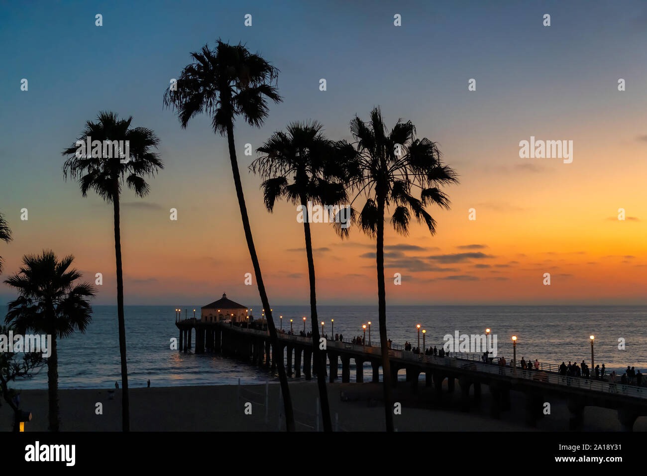 Palme al tramonto in Manhattan Beach, Los Angeles, California. Vintage elaborati. La moda di viaggio e spiaggia tropicale concetto. Foto Stock
