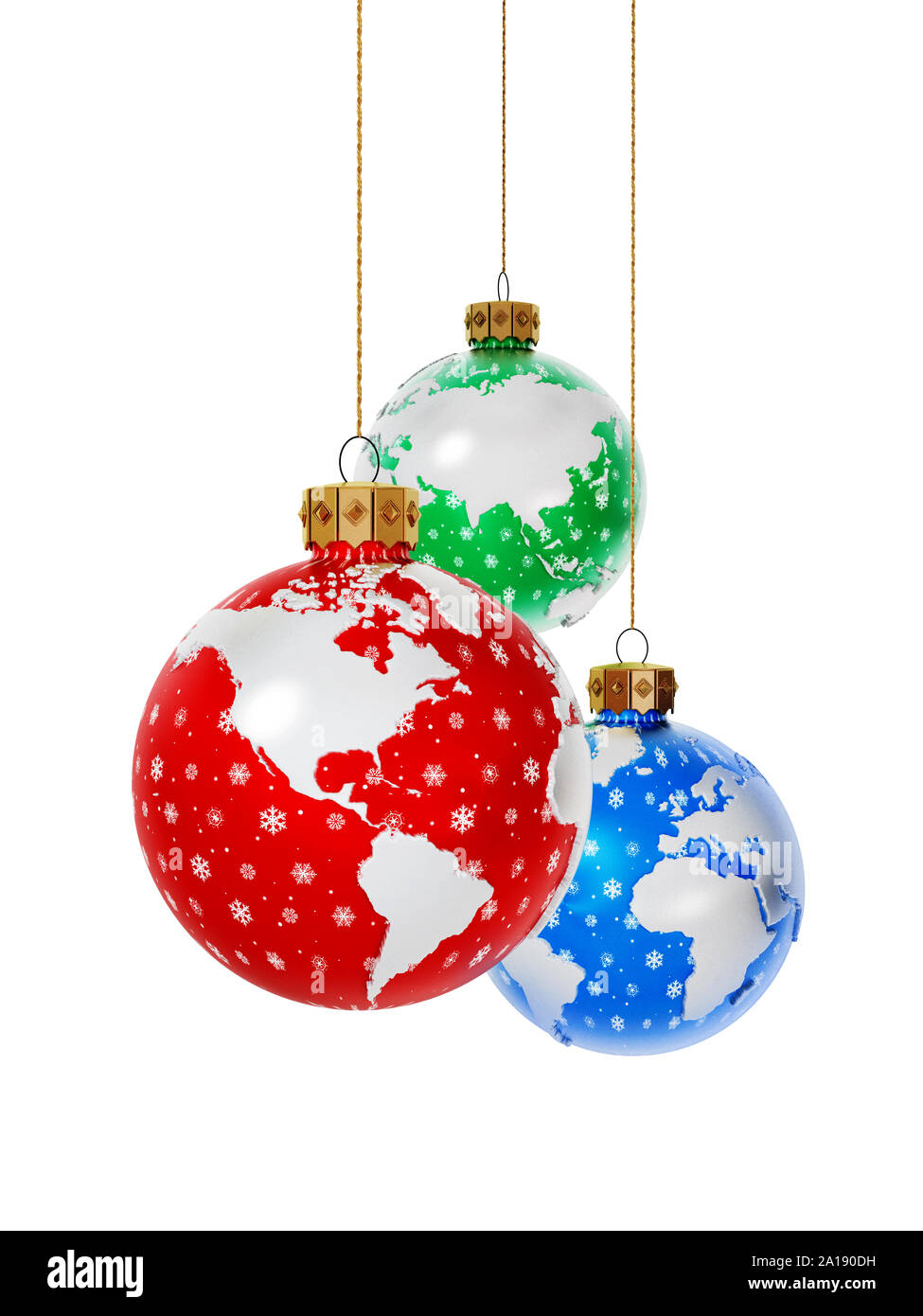 Baubles di natale con la terra mappa isolati su sfondo bianco. Il rendering 3D. Foto Stock