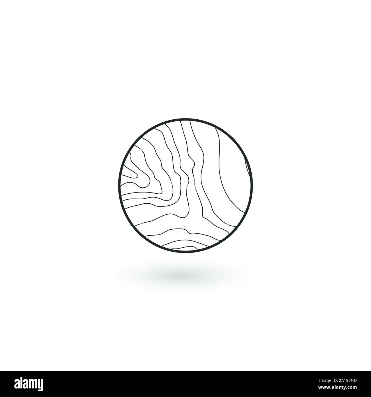 Le linee ondulate lineare icona rotonda di acqua, gli anelli di un albero rotondo identità geometrica Logo Design icona con ombra. Prodotto di legno di concetto Logo. Vettore di stock Illustrazione Vettoriale