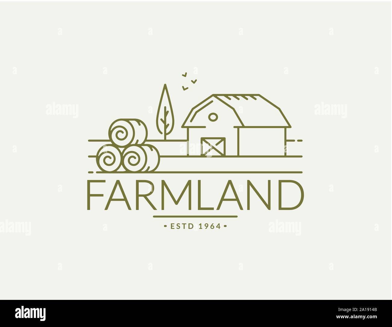 Logo della fattoria isolato su sfondo bianco. Fregio con fieno e casali per prodotti naturali, alimenti biologici o mercato agricolo. Vettore. Illustrazione Vettoriale
