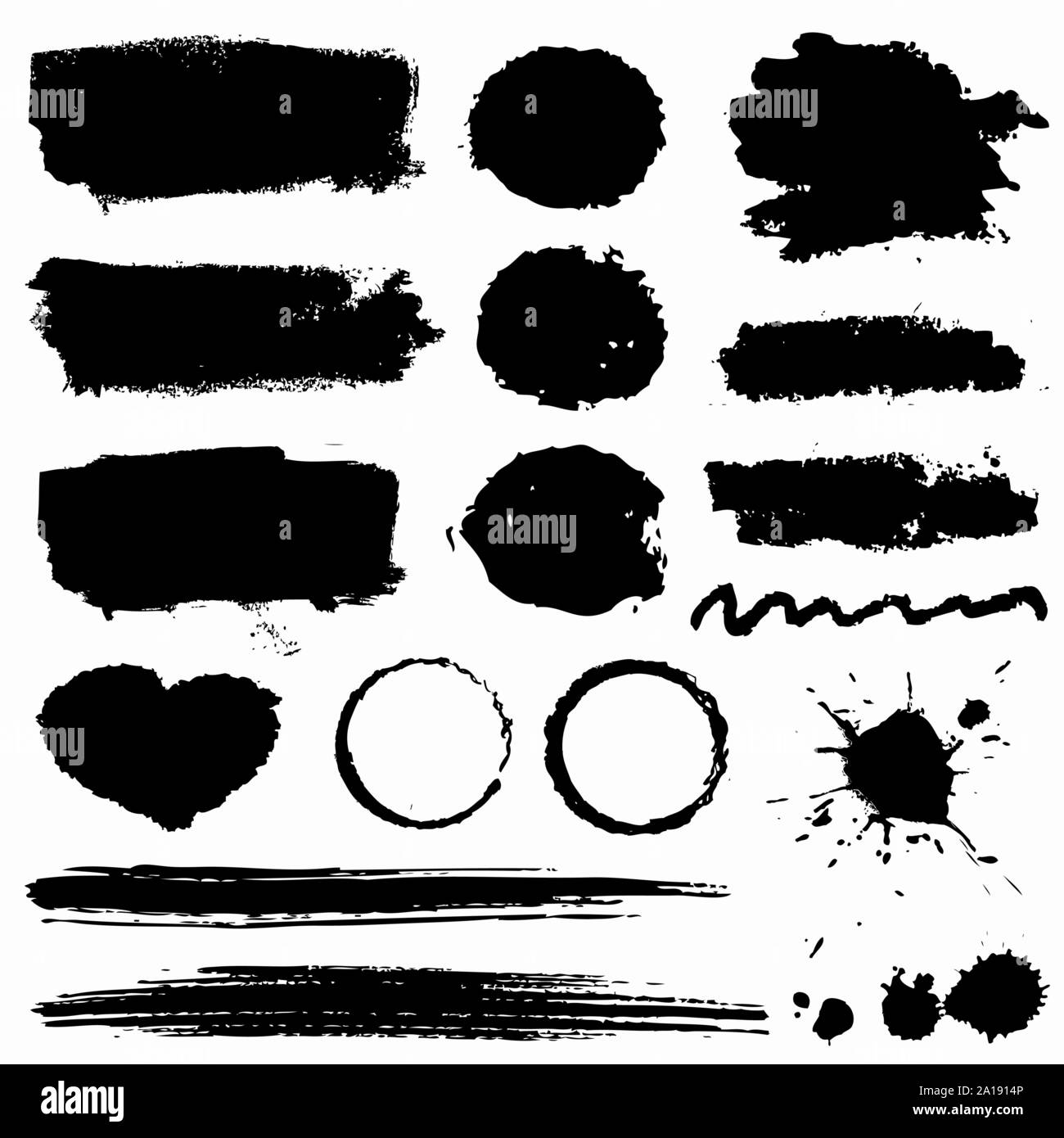 Macchie di grunge, vernice pennellate e macchie di inchiostro isolati su sfondo bianco. Vettore di nero gli elementi di design per il pennello texture, telaio, sfondo. Illustrazione Vettoriale