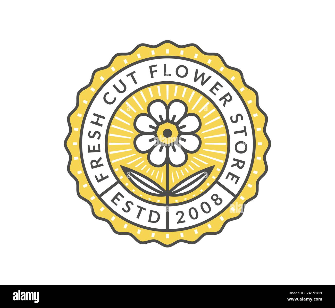 Negozio di fiori emblema isolato su uno sfondo bianco. Template vettoriale per logo floreale in contorno colorato stile. Illustrazione Vettoriale