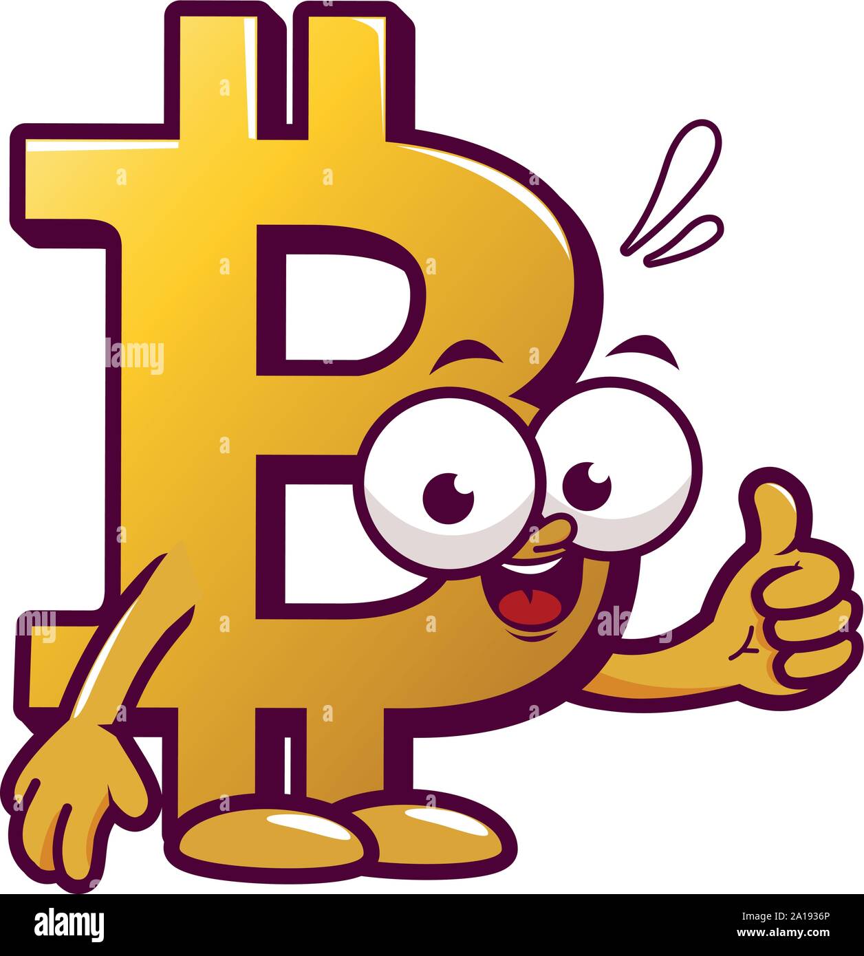 Personaggio bitcoin del cartone animato che fa un gesto con il pollice in alto. Valuta digitale. Illustrazione del prezzo della moneta BTC di criptovaluta. Mascotte dei caratteri. Illustrazione Vettoriale
