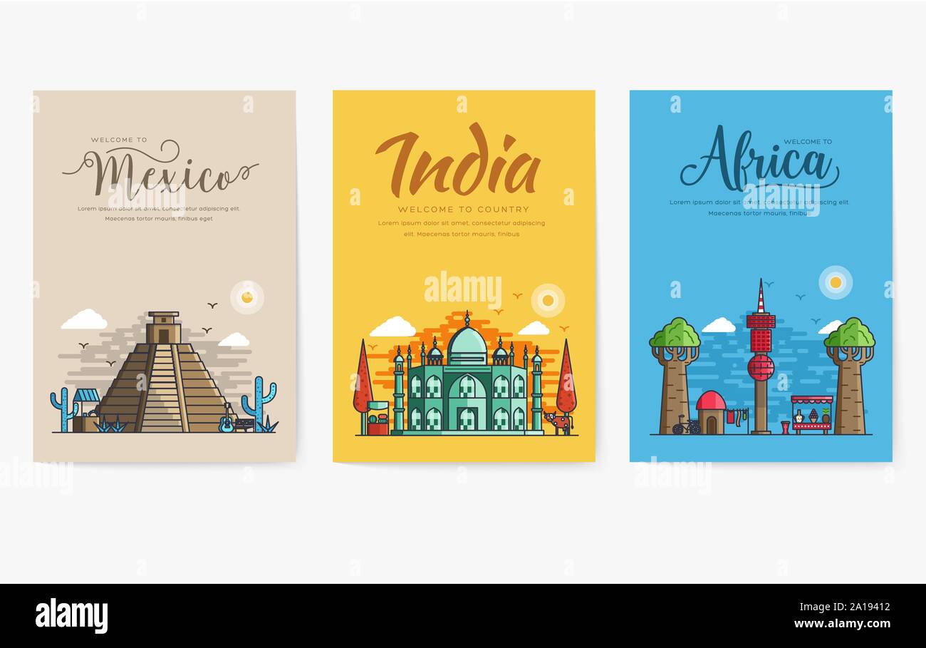Set di diverse città per le destinazioni di viaggio. I punti di riferimento modello di pagina di intestazione di flyer, riviste, poster, la copertina del libro, banner. Layout piano architettonico moderno illustrazioni Illustrazione Vettoriale