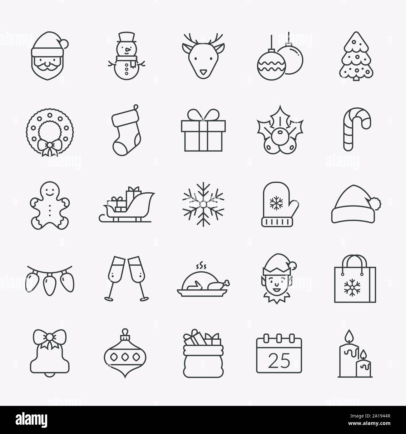 Natale e Anno Nuovo linea set di icone. Isolato vacanza invernale simboli - Santa, Elfo, un pupazzo di neve, l'albero di Natale, cervi, ecc. Profilo di raccolta del vettore. Illustrazione Vettoriale