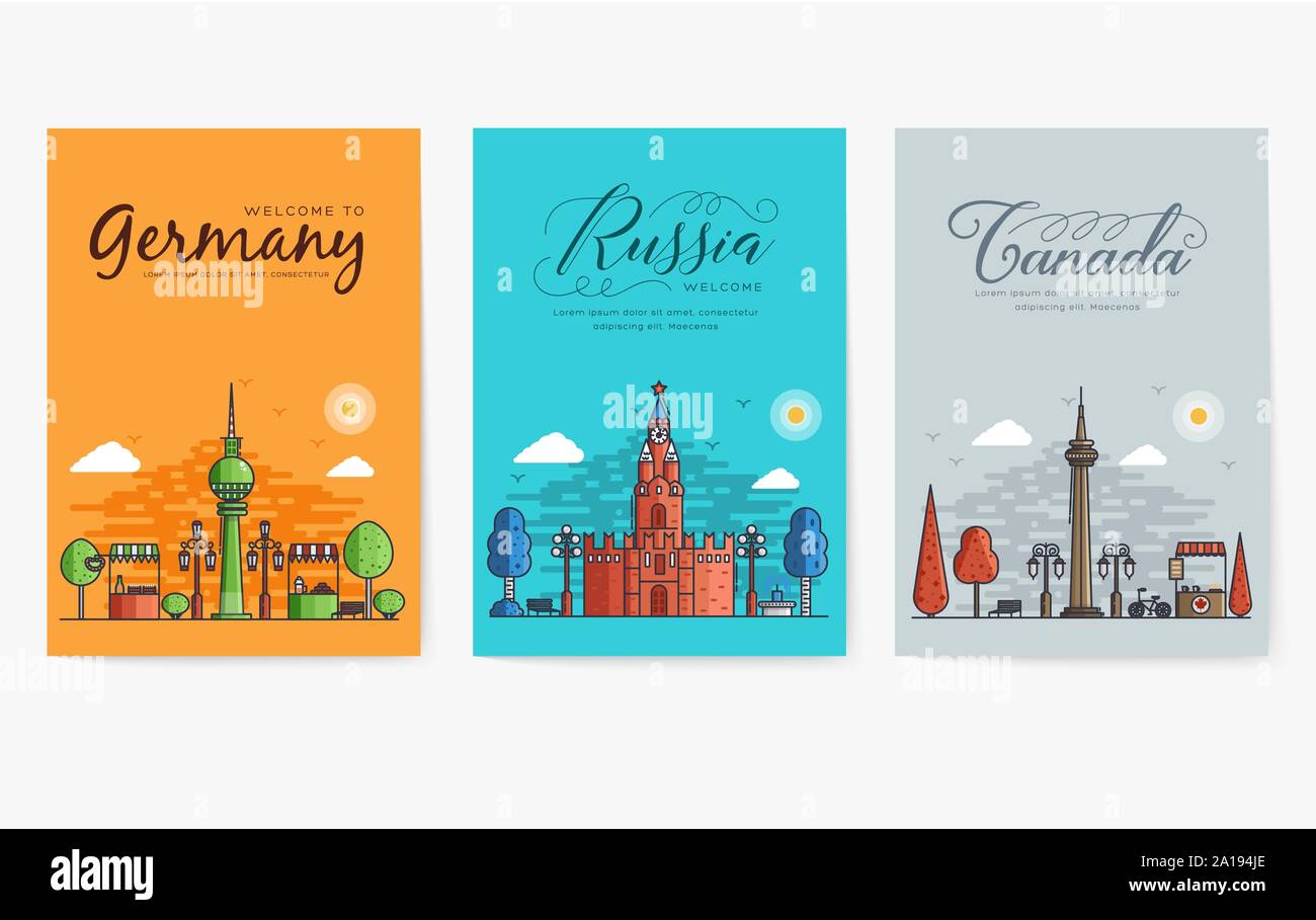 Set di delineare diverse città per le destinazioni di viaggio. Banner di punti di riferimento di una linea sottile di flyer, riviste, poster, la copertina del libro, banner. Mondo di Layout piano architettonico moderno illustrazioni Illustrazione Vettoriale