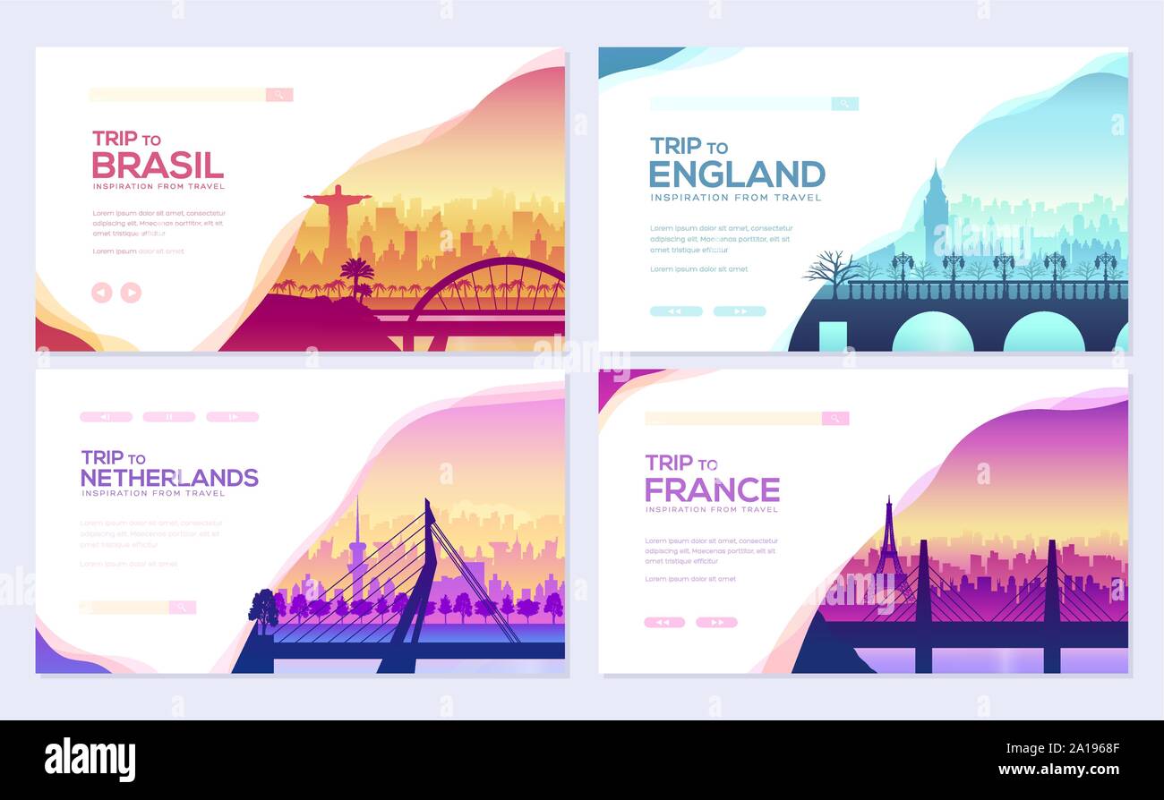 Ponti di diversi paesi. Monumento modello silhouette esterna. Paesaggio urbano in via di costruzione paesaggio. Corsa urbana di sunrise. flyear, banner web, ui intestazione, immettere sito, pagina di scorrimento Illustrazione Vettoriale