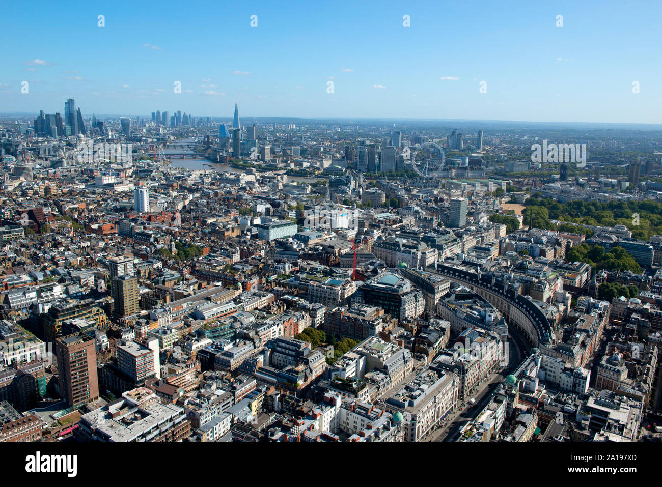 Soho, Regents Street e Londra come si vede dall'aria. Foto Stock