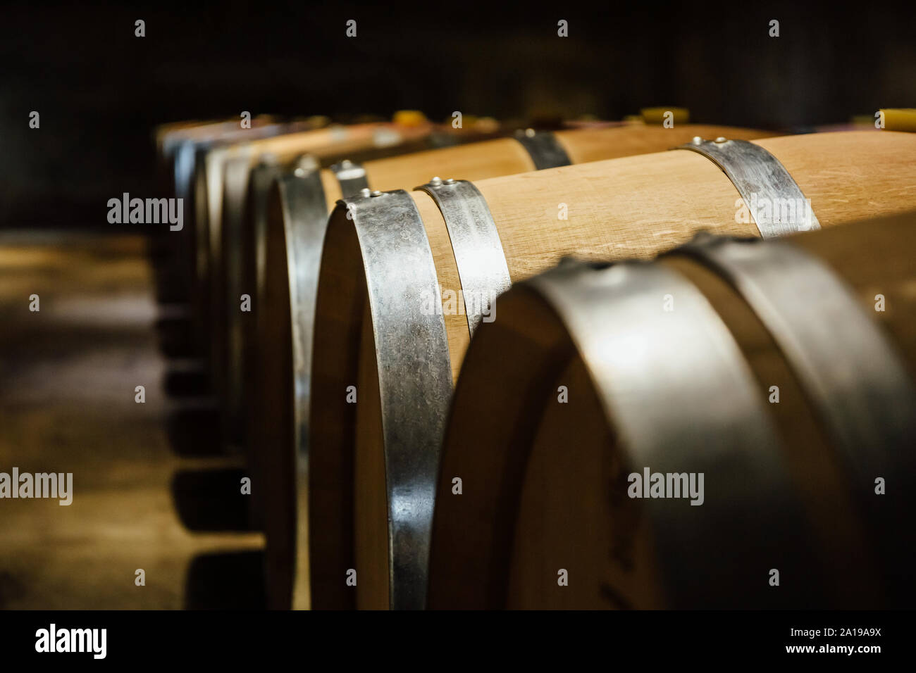 Allineate i barili di vino in una cantina Foto Stock