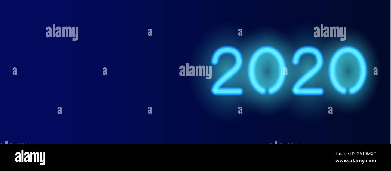 2020 vettore banner orizzontale. Sfondo blu scuro con 2020 simbolo al neon. Social media modello di pagina di intestazione, Anno Nuovo biglietto di auguri Illustrazione Vettoriale