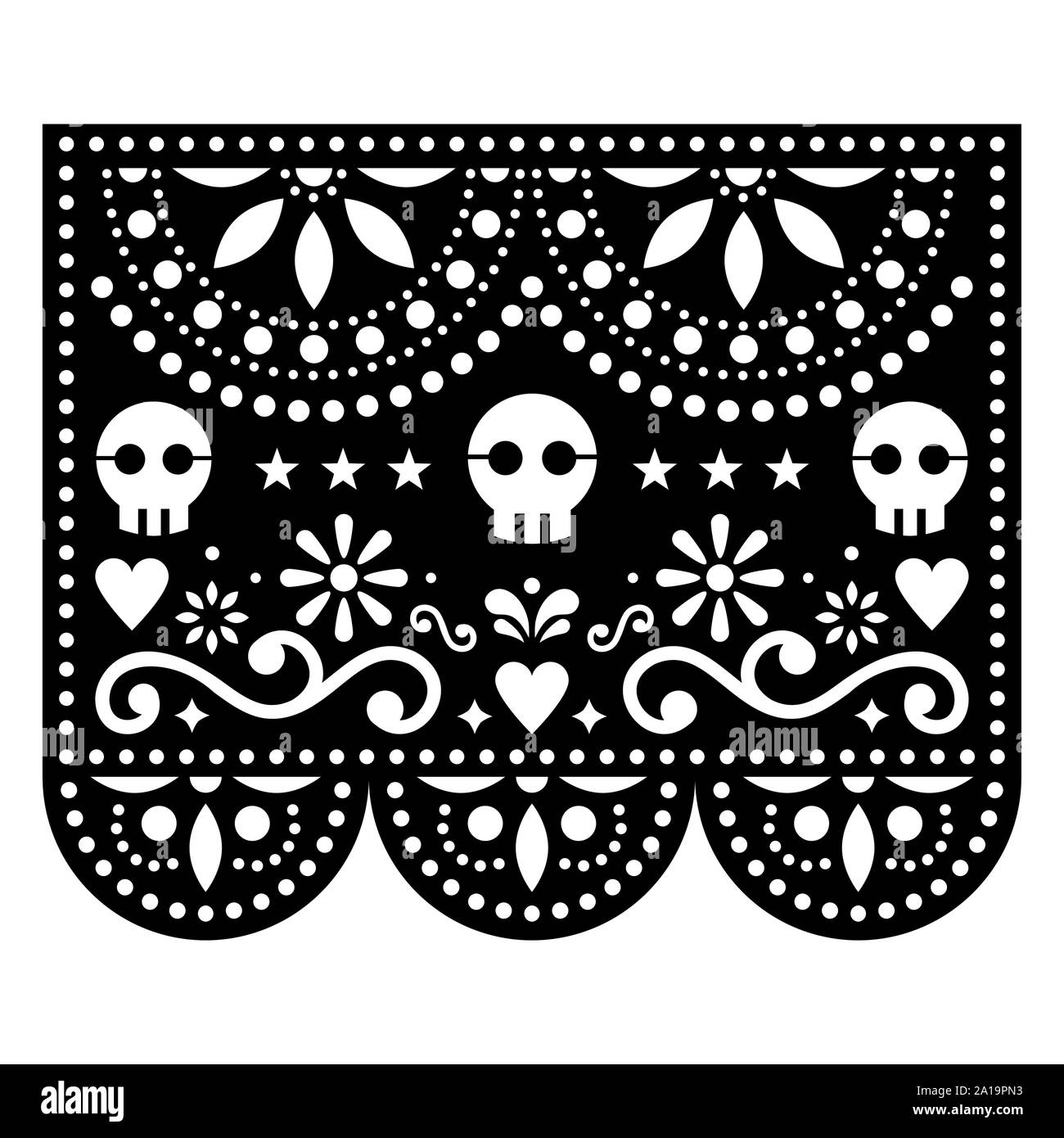 Halloween Papel Picado design con teschi, messicano carta tagliata fuori del modello - Dia de los Muertos, il giorno dei morti la celebrazione Illustrazione Vettoriale