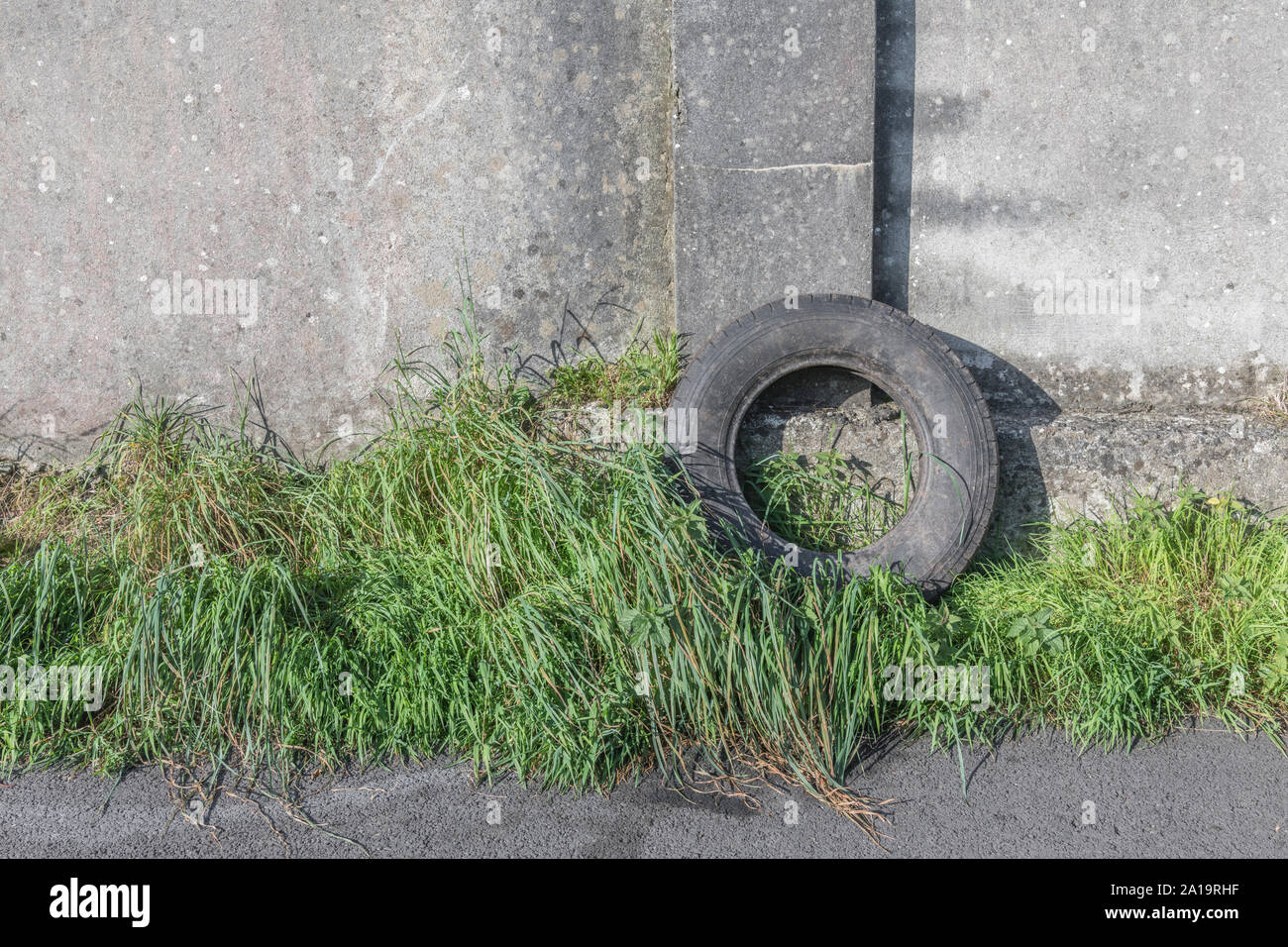 Vecchia auto pneumatico oggetto di dumping contro un muro di cemento. Metafora fly-ribaltamento, inquinamento ambientale. Marca Michelin nome in alto a sinistra del pneumatico quindi ed unico. Foto Stock