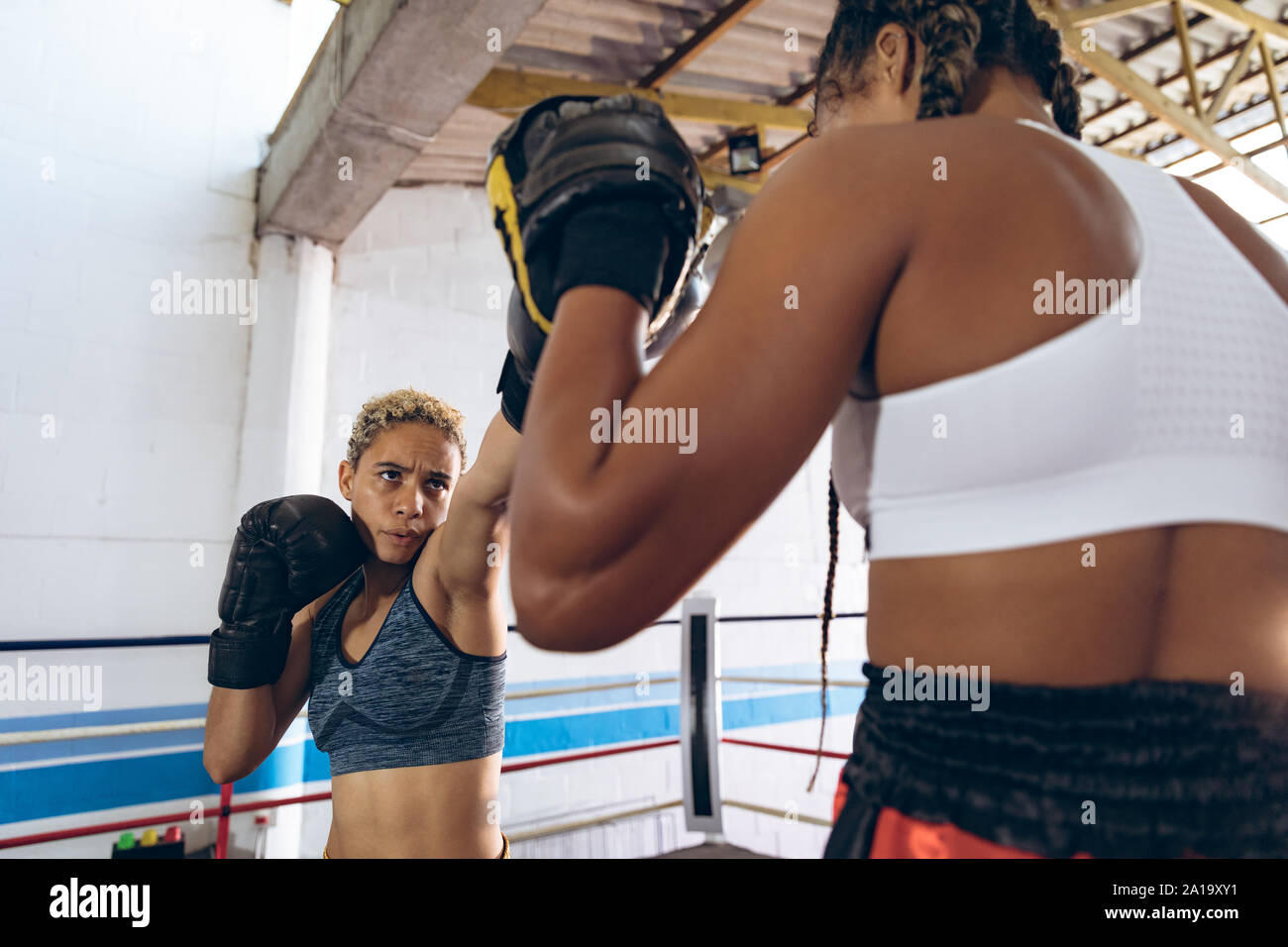 Il Trainer assiste boxer femmina nella boxe al centro fitness Foto Stock