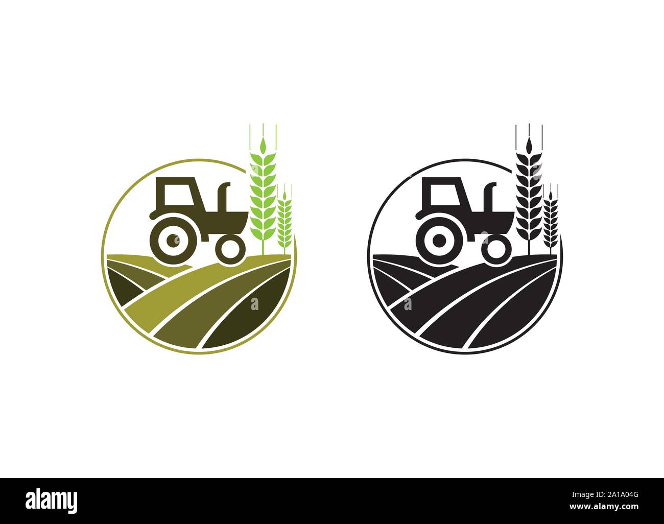 Agricoltura e allevamento con un trattore con un coltivatore e l'aratro, logo design. Agribusiness, Eco-farm e paese rurale, vettore design. Logo azienda Illustrazione Vettoriale