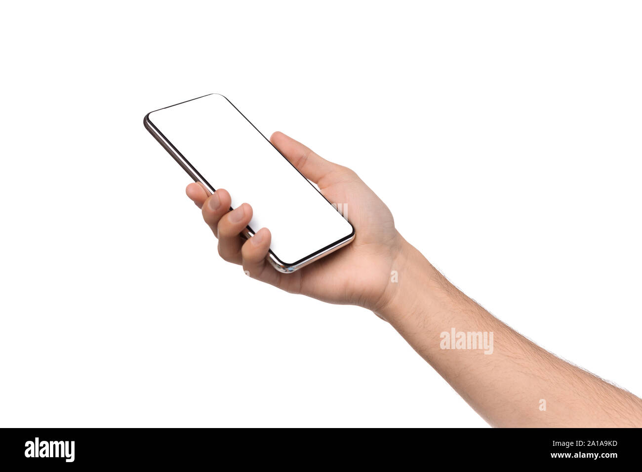 Smartphone con schermo vuoto in mani maschili su sfondo bianco Foto Stock