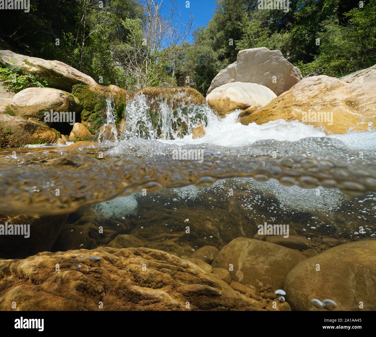 Flusso rocciosa con acqua fluente, vista suddivisa al di sopra e al di sotto della superficie dell'acqua, la spagna, La fiume Muga, la Catalogna Foto Stock