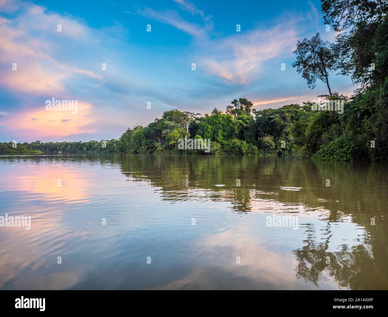Vista al tramonto del Coati laguna vicino il fiume Javari, tributario del fiume Rio delle Amazzoni, Amazonia. Selva sul confine del Brasile e Perù. Sud America. Foto Stock