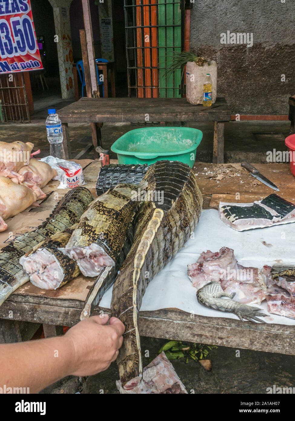 Carni di cayman a Belen mercato. L'America Latina. Belén Mercado. Iquitos, Perù. America del Sud Foto Stock