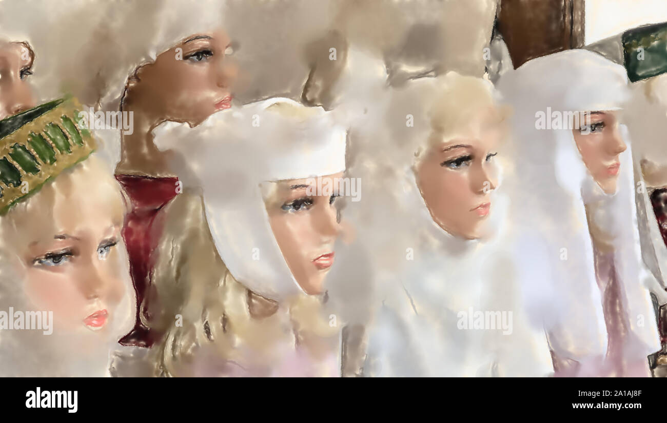 Acquerello immagine: Teste di bambola medievale con veli e sciarpe a coprire i capelli, la tradizione cristiana. Foto Stock