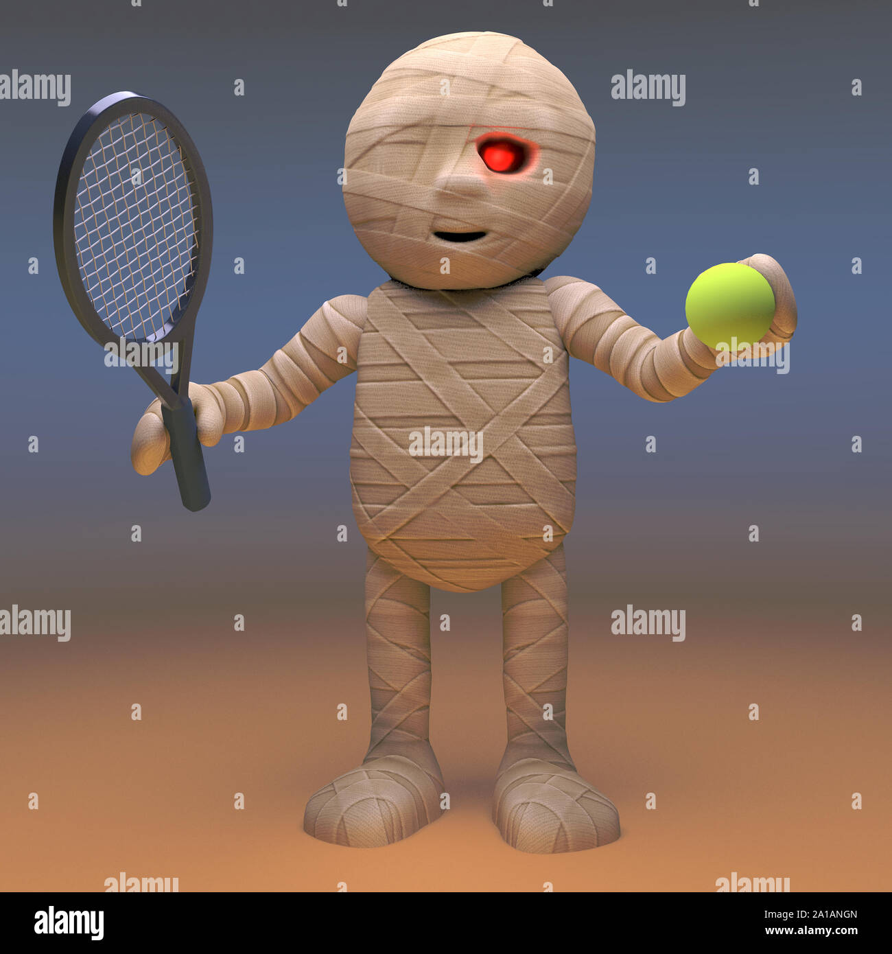 Attenti alla salute mummia egiziana monster gioca tennis per mantenersi in forma, 3D render illustrazione Foto Stock