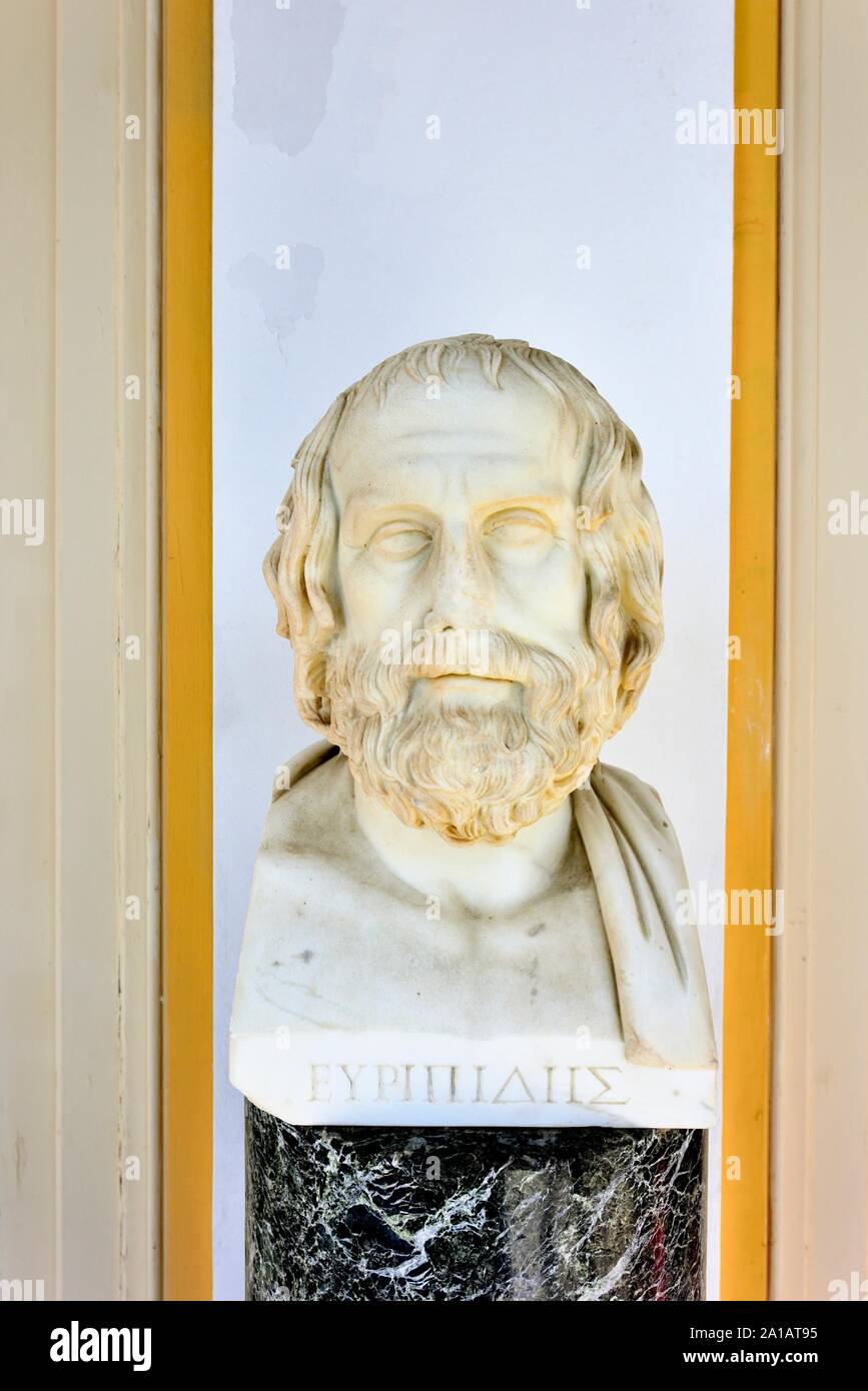 Busto del drammaturgo greco Euripide, Palace,Gastouri,l'isola di Corfù, isole Ionie, Grecia Foto Stock