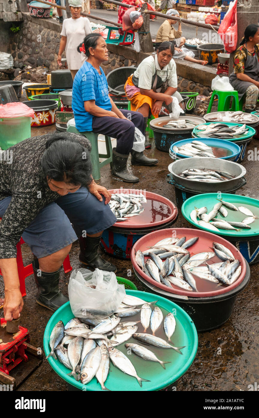 Le donne di vendita del pesce, al Pasar Badung mercato di Denpasar, Bali, Indonesia Foto Stock