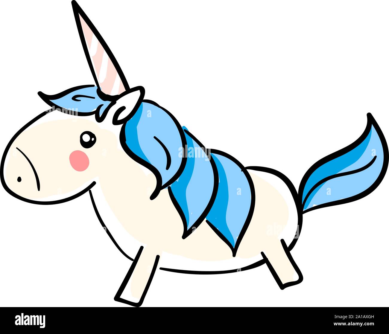 Unicorn con capelli blu, illustrazione vettore su sfondo bianco. Illustrazione Vettoriale