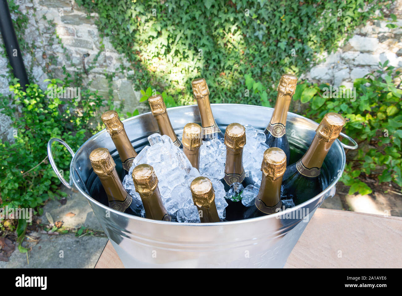 La benna piena di ghiaccio e champagne, Braunton, Devon, Inghilterra, Regno Unito Foto Stock