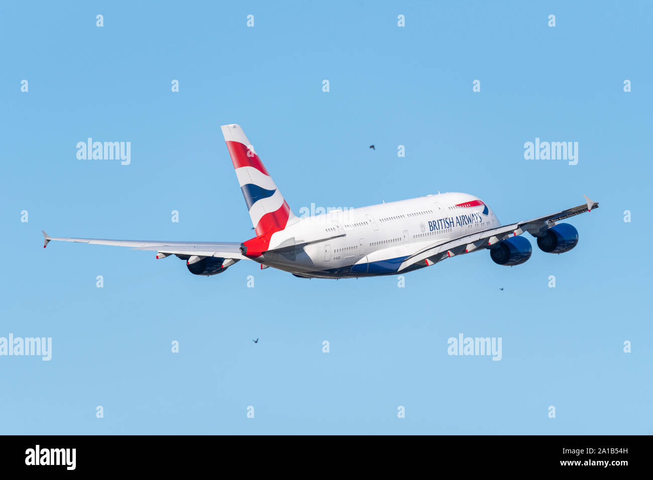 British Airways Airbus A380 aereo di linea G-XLEC decolla dall'aeroporto di Londra Heathrow, Londra, Regno Unito con uccelli nel cielo blu Foto Stock