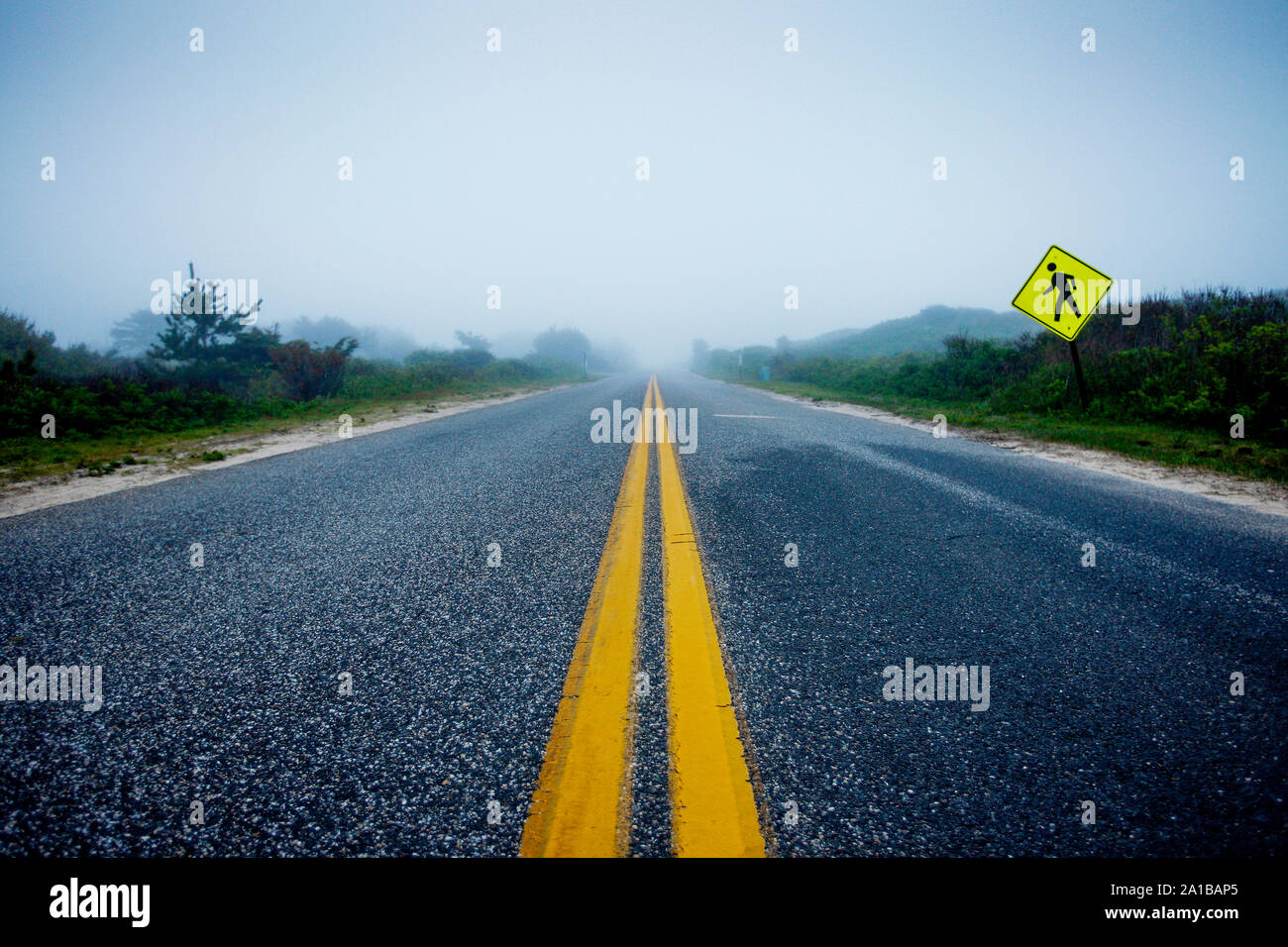 Un cartello stradale per attraversamento di pedoni accanto a una strada pavimentata con un doppio giallo divisore. Hampton living - immagini da Montauk e East Hampton Foto Stock