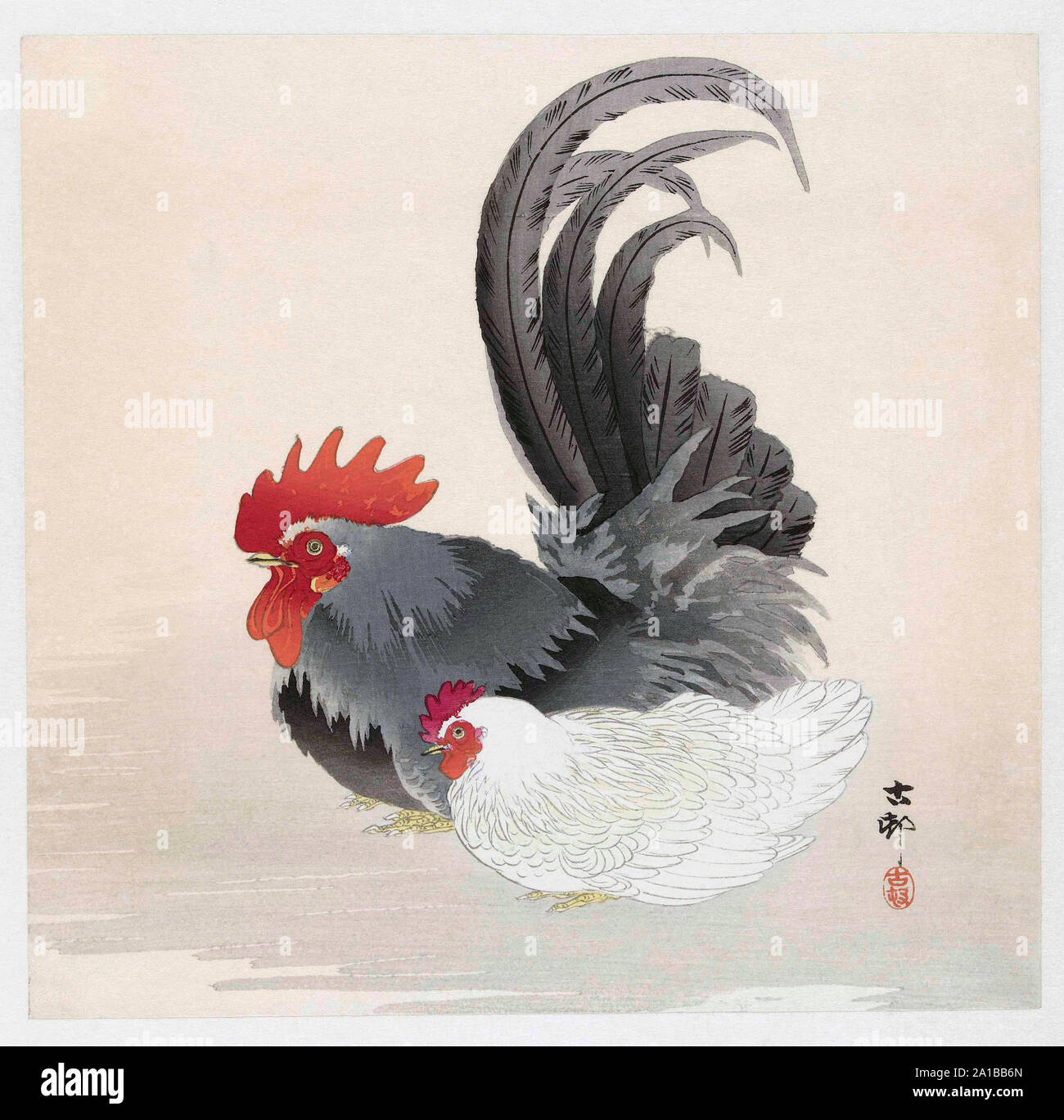 Il pollo e il Gallo, dall'artista giapponese Ohara Koson, 1877 - 1945. Ohara Koson era parte della shin-hanga, o nuove stampe di movimento. Foto Stock