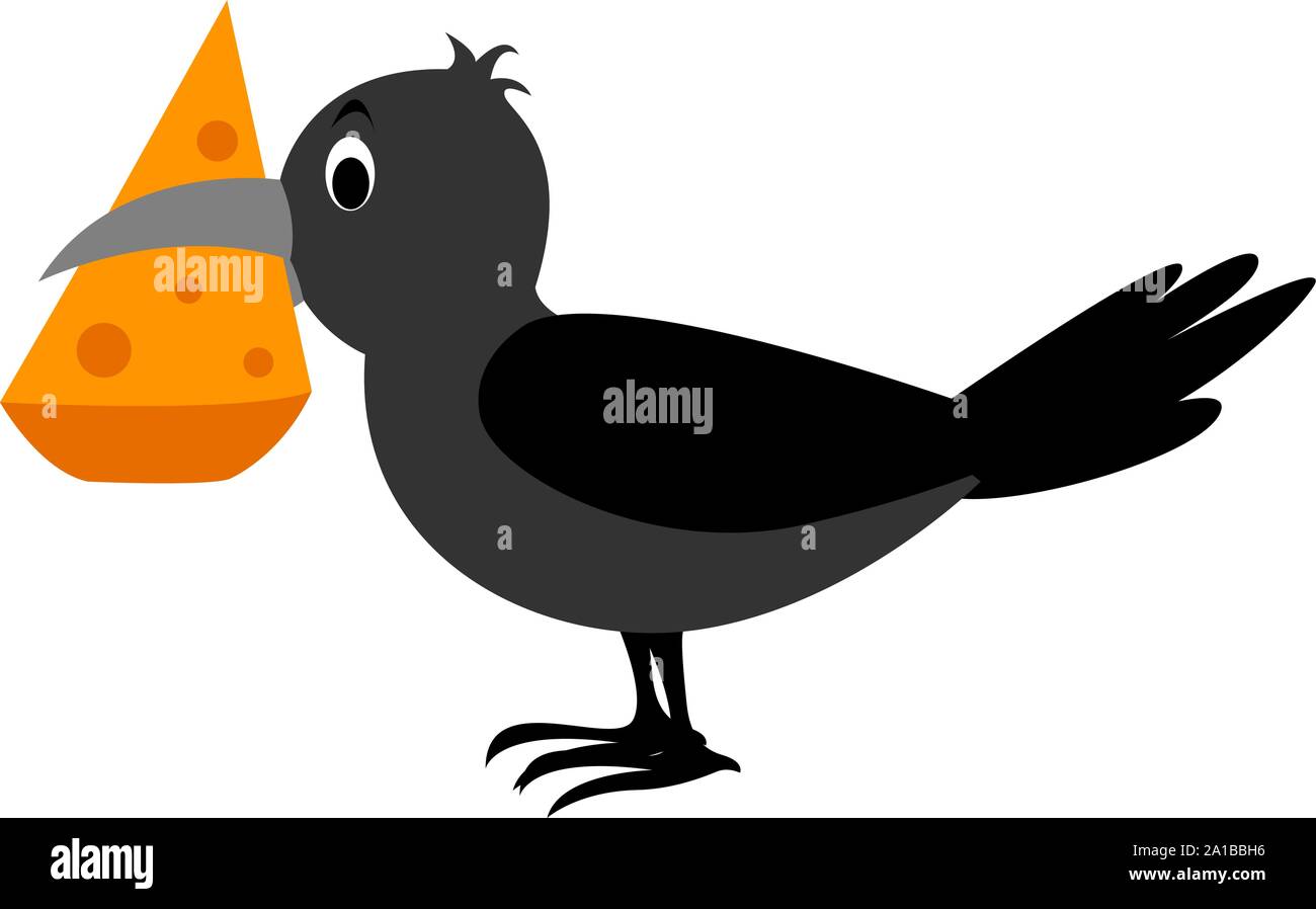 Crow con formaggio, illustrazione vettore su sfondo bianco. Illustrazione Vettoriale