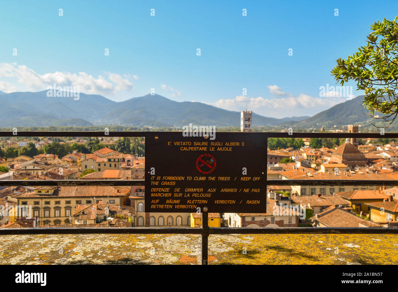 Segnale di avvertimento per la ringhiera sulla sommità della torre Guinigi che dice: "è vietato arrampicarsi sugli alberi, tenere spento il prato", Toscana, Italia Foto Stock