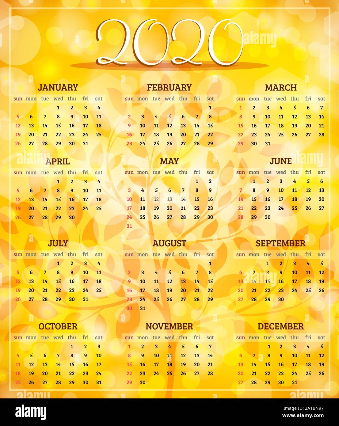 Vettore di autunno 2020 Calendario anno con inizio settimana da domenica. Illustrazione Vettoriale Illustrazione Vettoriale