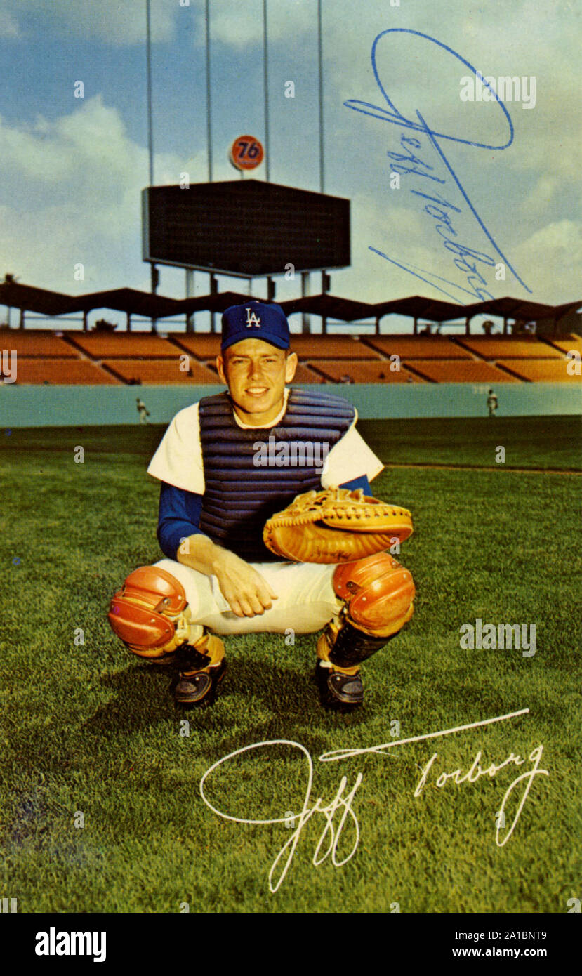 Anni Settanta era firmato foto souvenir di Los Angeles Dodger player Jeff Torborg. Foto Stock