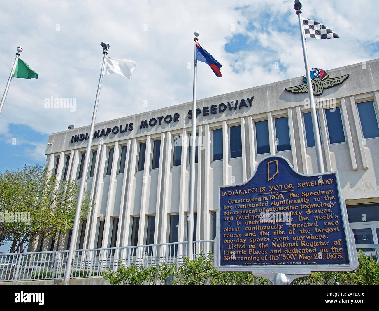 Motor Speedway di Indianapolis Museum facciata di edificio e l'entrata, Indiana, 28 luglio 2019, © Katharine Andriotis Foto Stock