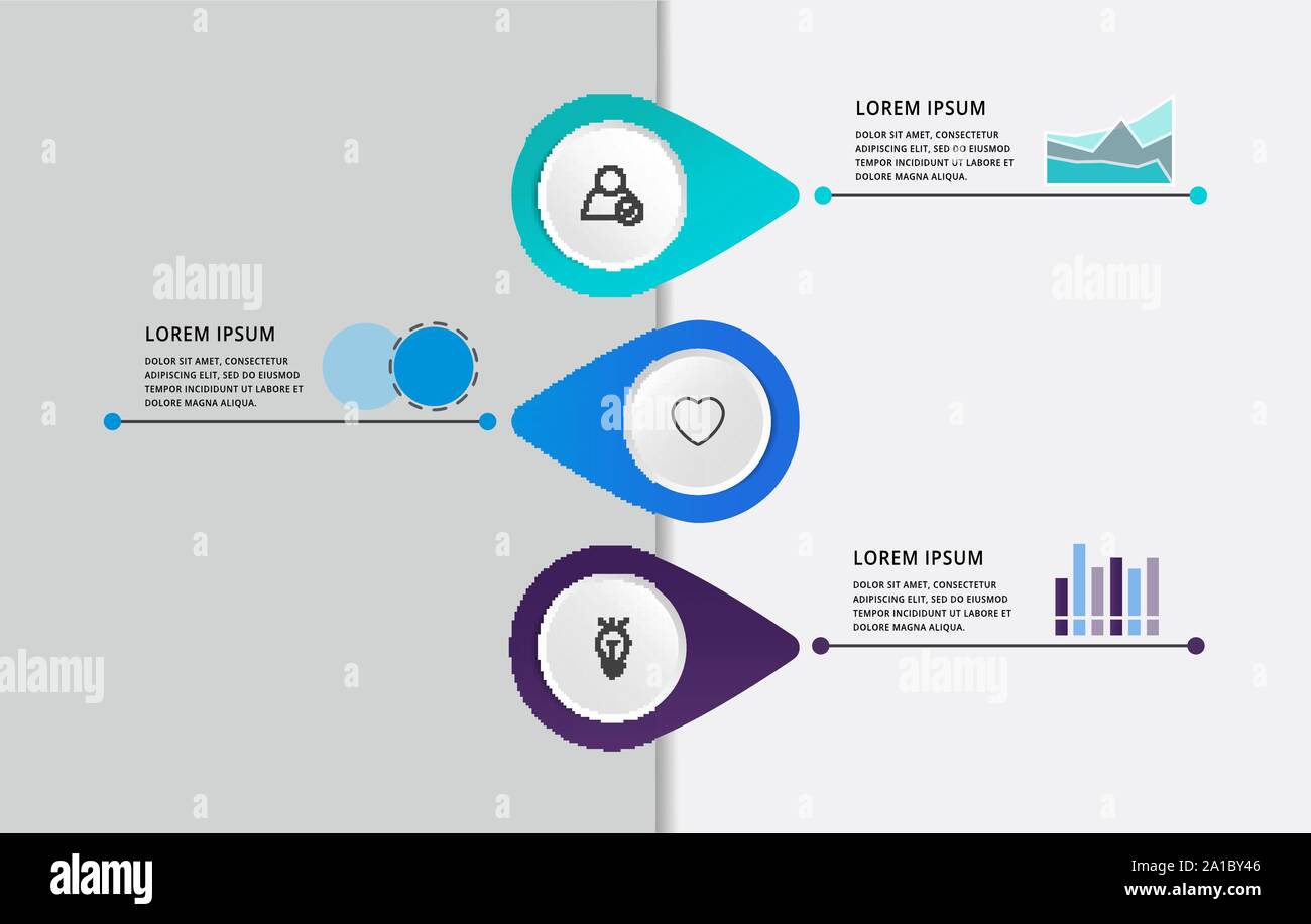 Vettore infografico moderno modello flat pin per tre etichette di carta, diagramma grafico, presentazione. Il concetto di business con 3 opzioni e i marchi. Blank spac Illustrazione Vettoriale