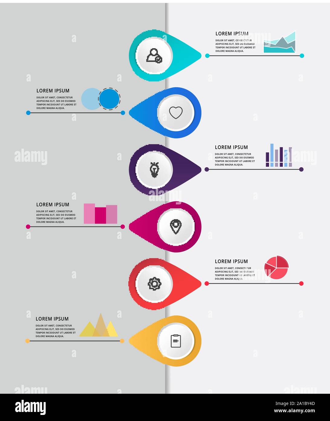 Vettore infografico moderno modello flat pin per sei etichetta cartacea, diagramma grafico, presentazione. Il concetto di business con 6 opzioni e marchi. Spazio vuoto Illustrazione Vettoriale