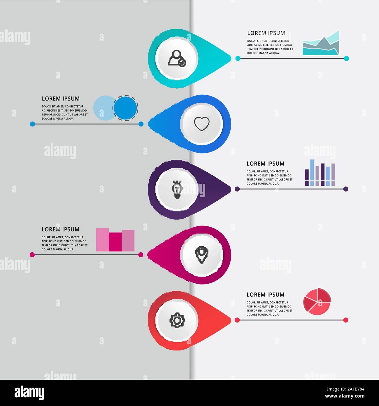 Vettore infografico moderno modello flat pin per cinque etichetta cartacea, diagramma grafico, presentazione. Il concetto di business con 5 opzioni e i marchi. Spazio vuoto Illustrazione Vettoriale