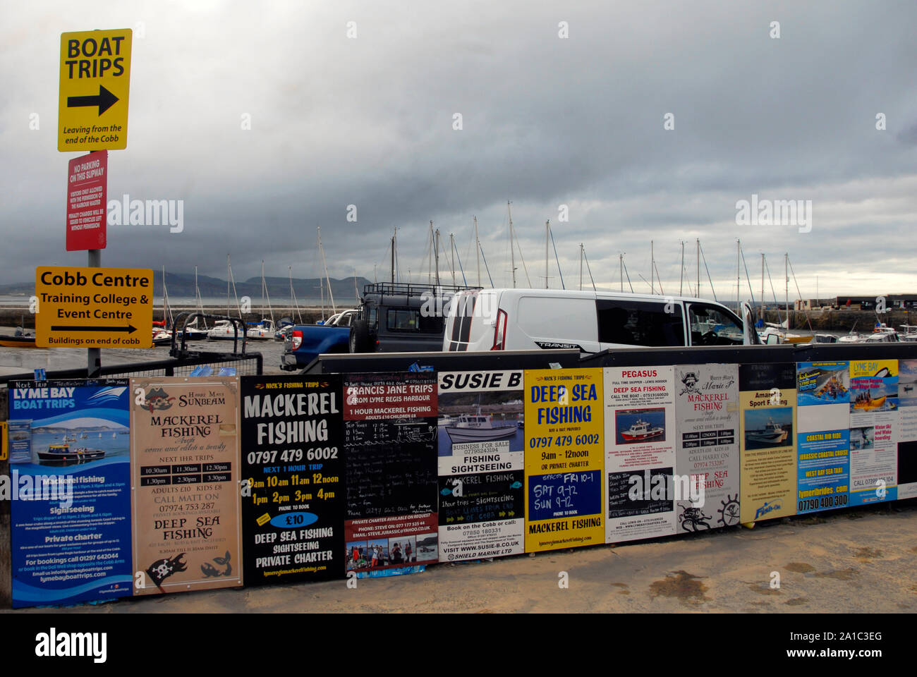 Array di poster pubblicità vari viaggi per vacanzieri, Lyme Regis, Dorset, Inghilterra Foto Stock