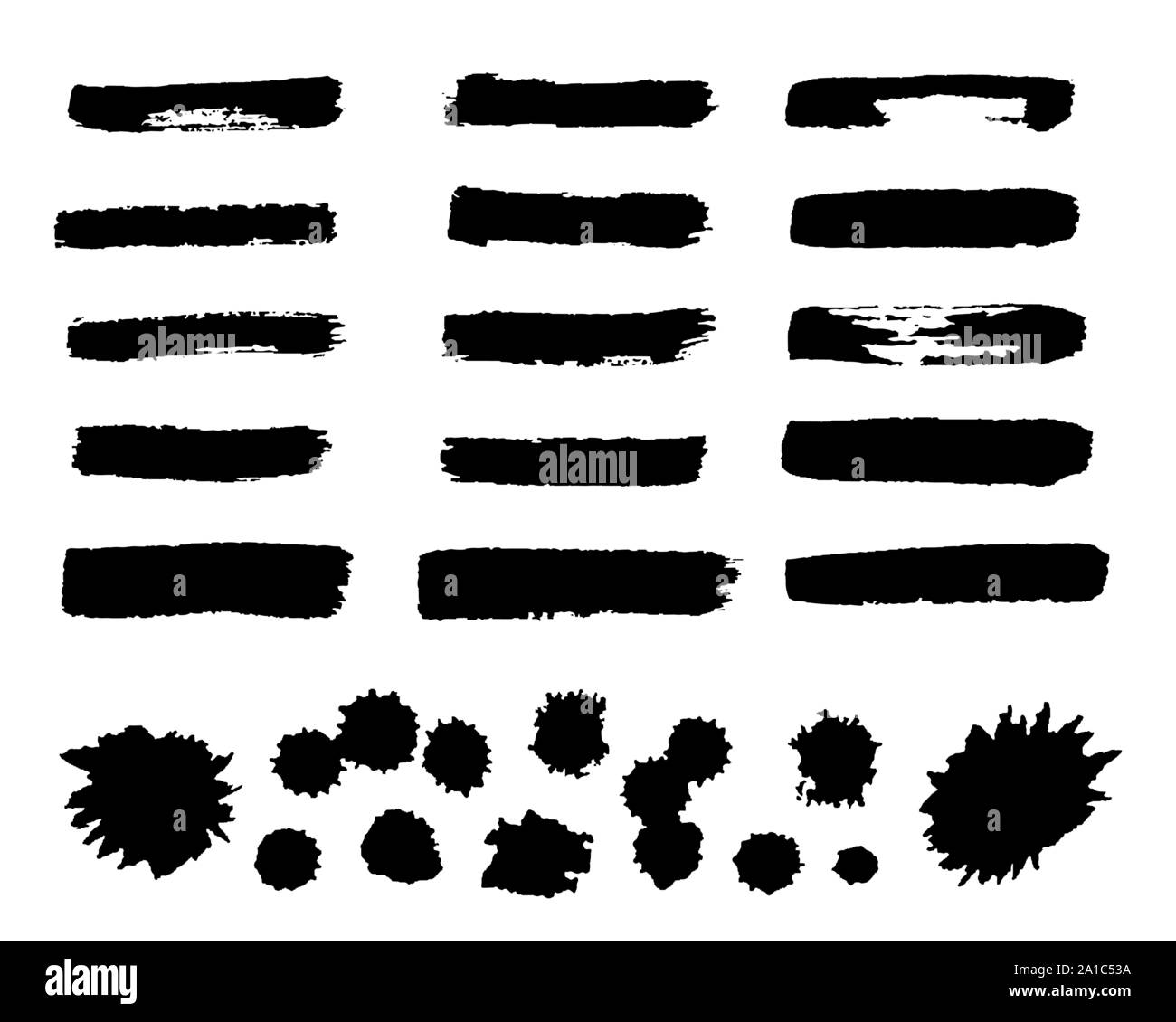 Set di vettore di vernice nera, tratti di inchiostro, spazzole, linee, macchie isolate su sfondo bianco Illustrazione Vettoriale