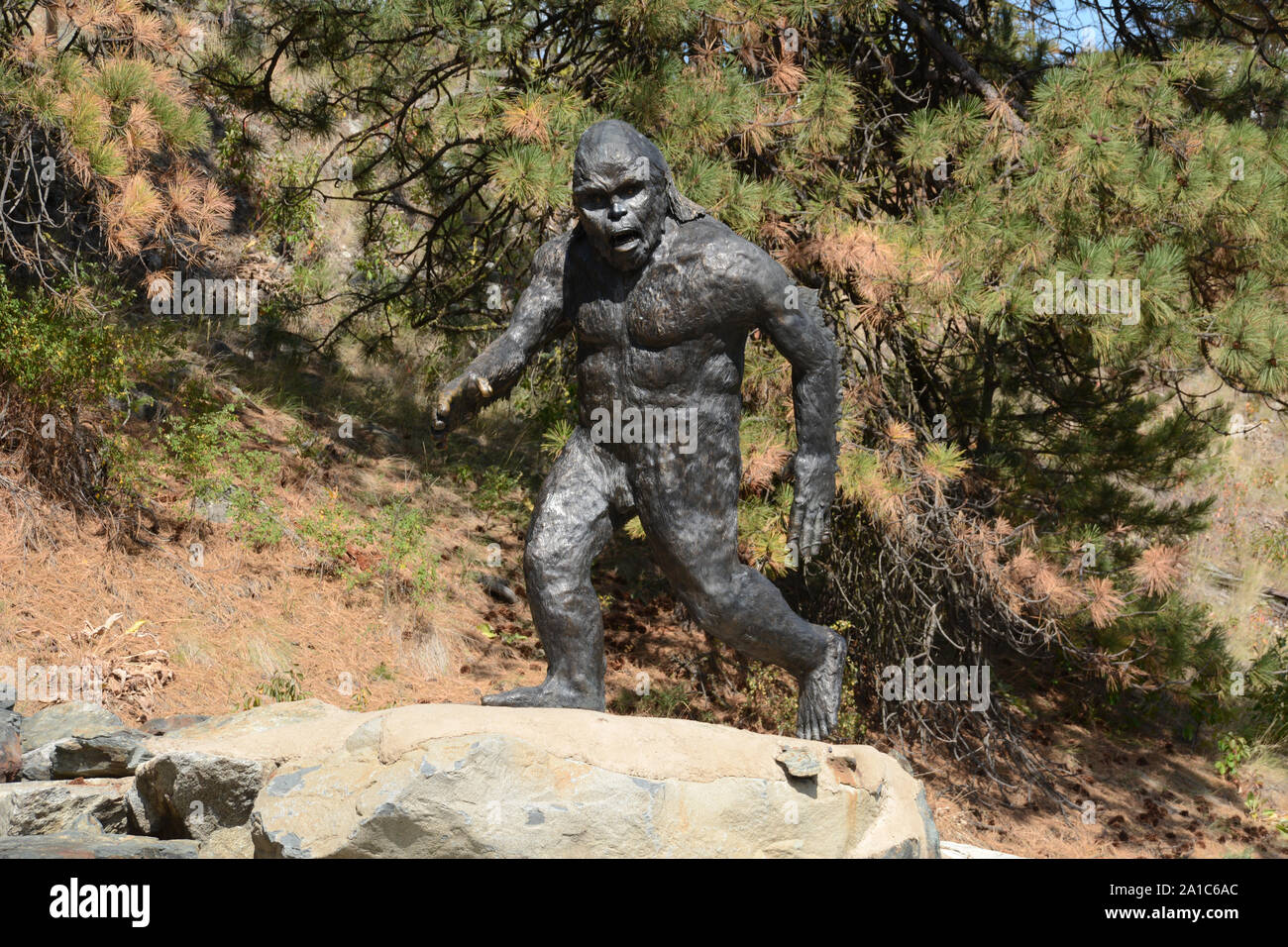 Una statua di metallo di un Sasquatch o Bigfoot, camminando lungo il lato del Crowsnest Highway, vicino Osoyoos, British Columbia, Canada . Foto Stock