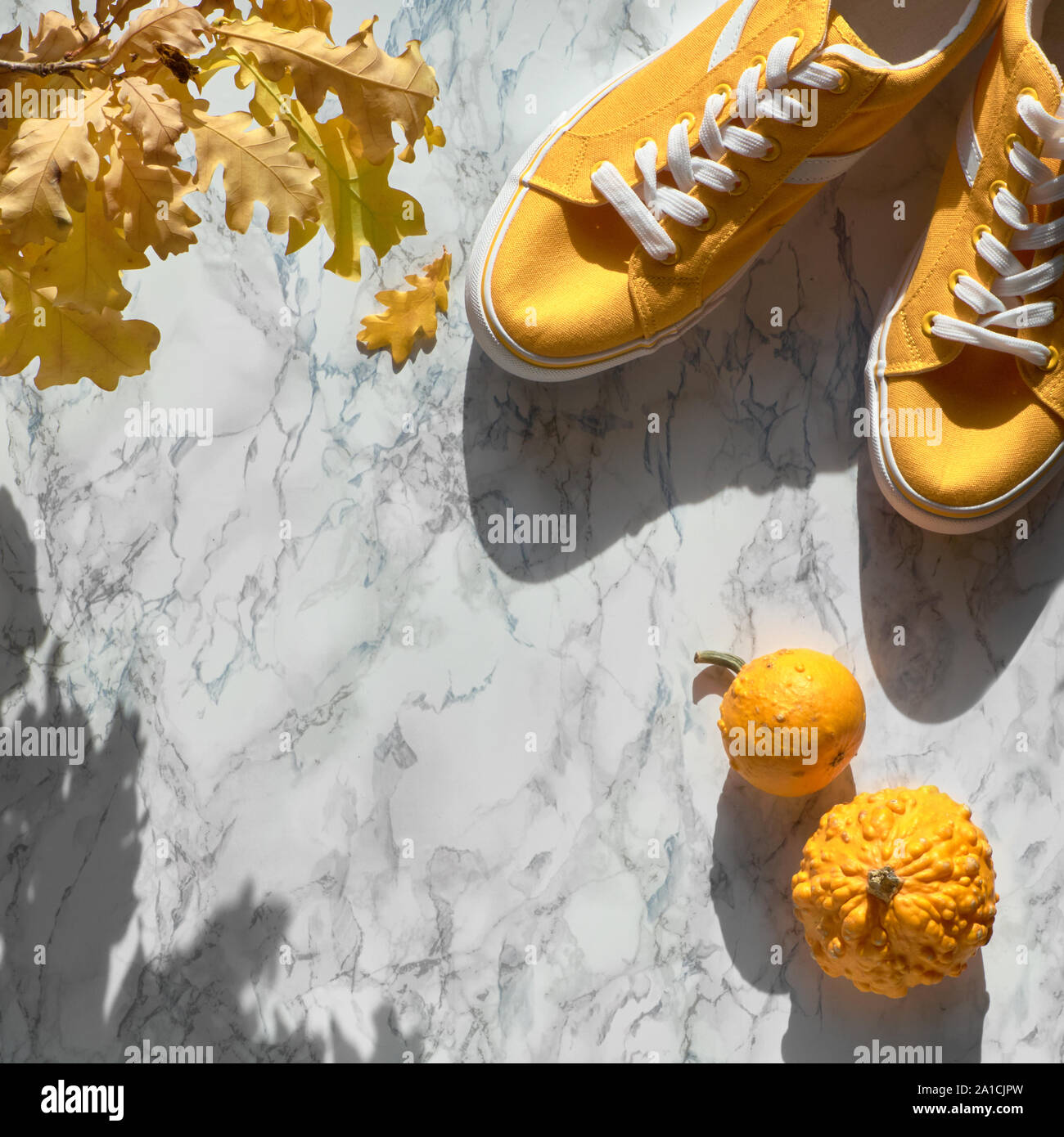 Autunno laici piatta con giallo sneakers, foglie di autunno e zucche decorative con ombre, composizione quadrato su marmo bianco Foto Stock