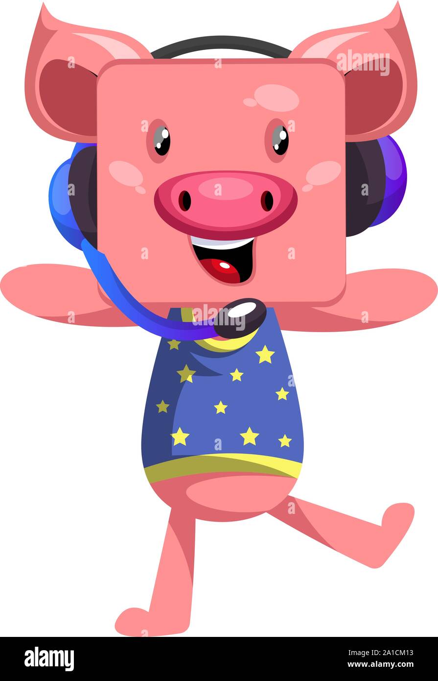 Maiale con le cuffie, illustrazione vettore su sfondo bianco. Illustrazione Vettoriale