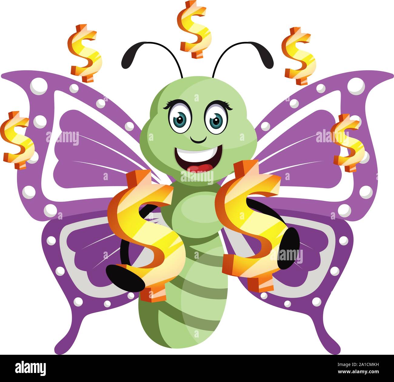 Farfalla con denaro segno, illustrazione, vettore su sfondo bianco. Illustrazione Vettoriale