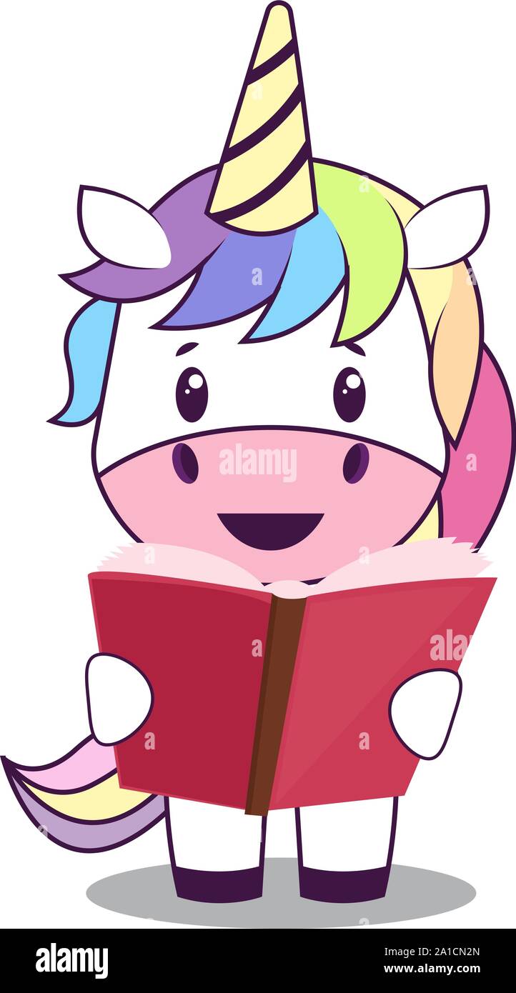 Unicorn con Libro, illustrazione vettore su sfondo bianco. Illustrazione Vettoriale