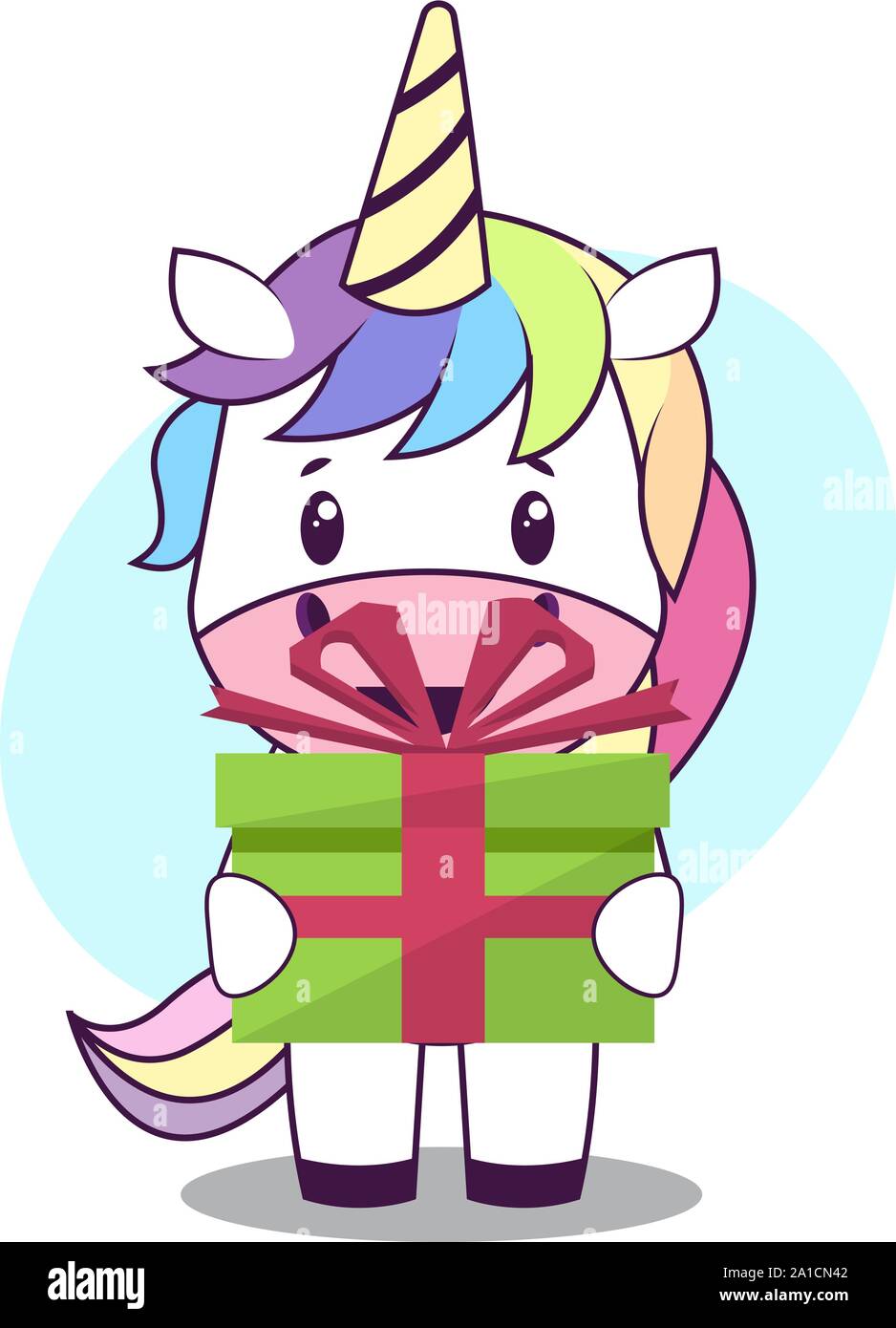 Unicorn azienda regalo di compleanno, illustrazione vettore su sfondo bianco. Illustrazione Vettoriale