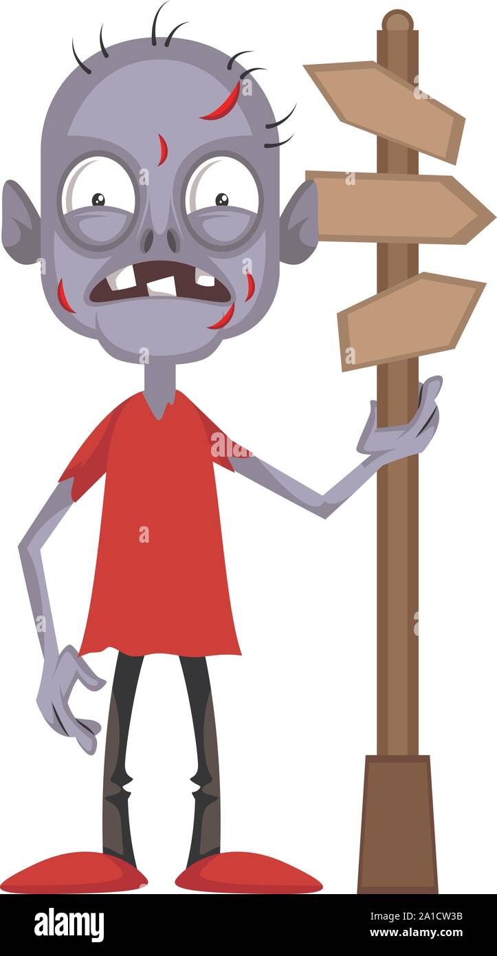 Zombie con il cartello stradale, illustrazione vettore su sfondo bianco. Illustrazione Vettoriale