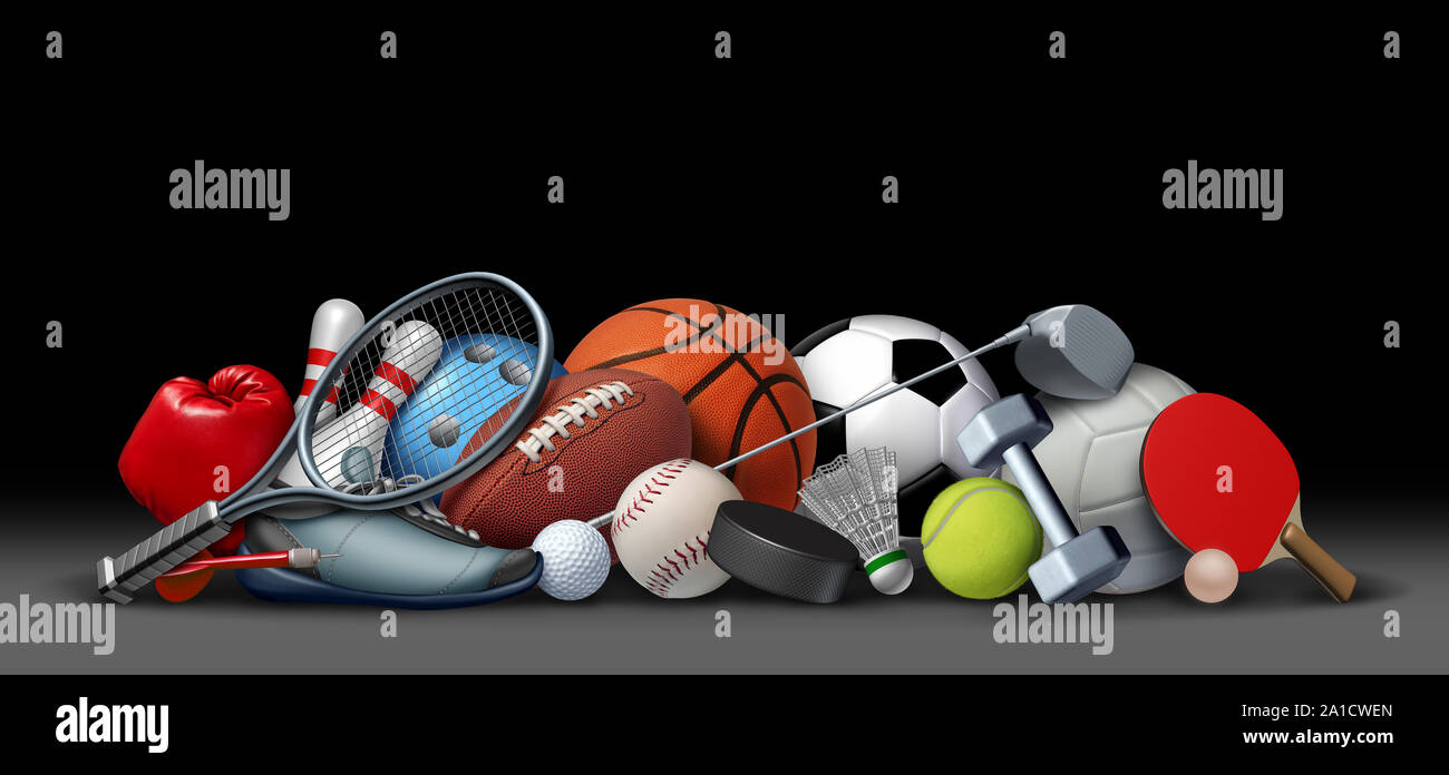 Sport gli oggetti su nero e attrezzature sportive con un calcio Baseball Basket Tennis calcio e palla da golf e badminton hockey puck come divertimento. Foto Stock