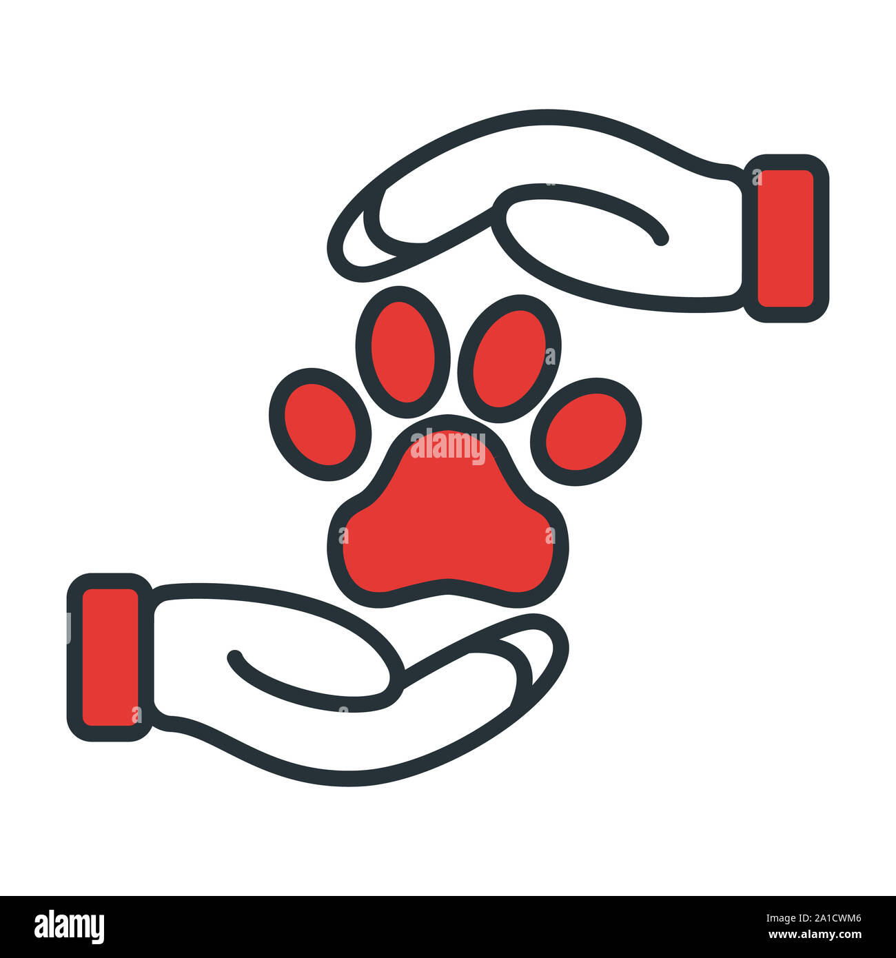 La cura degli animali e la relativa icona. Il concetto di assistenza sanitaria per la medicina e la cura degli animali domestici. Contorno nero e animale domestico. Animali domestici il simbolo Icona e badge. Vettore semplice illustra Foto Stock